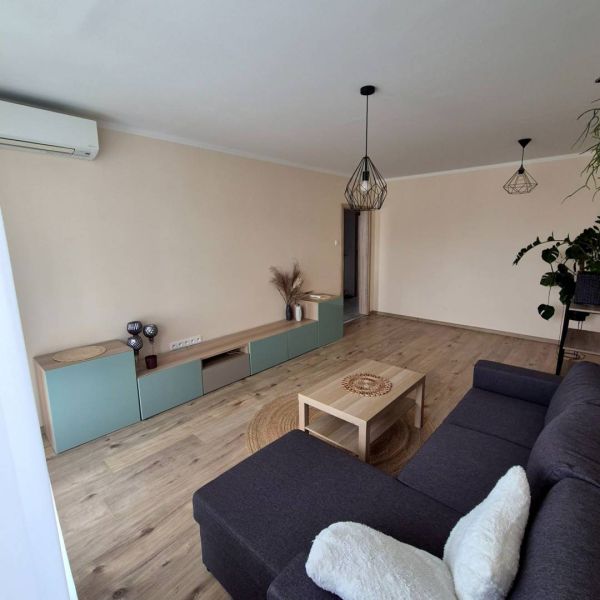 Living room in a three-room apartment with a wooden decor floor and a gray sofa.