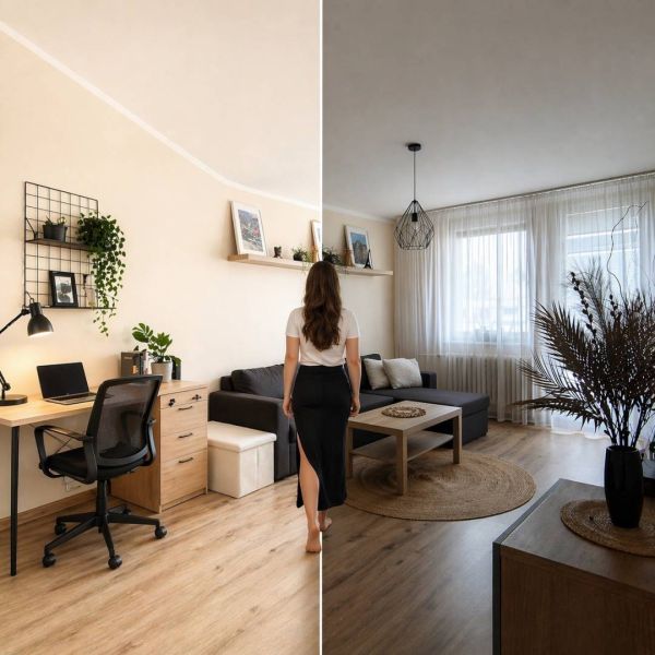 Living room in a 3-room apartment with a wooden decor floor and a work corner.