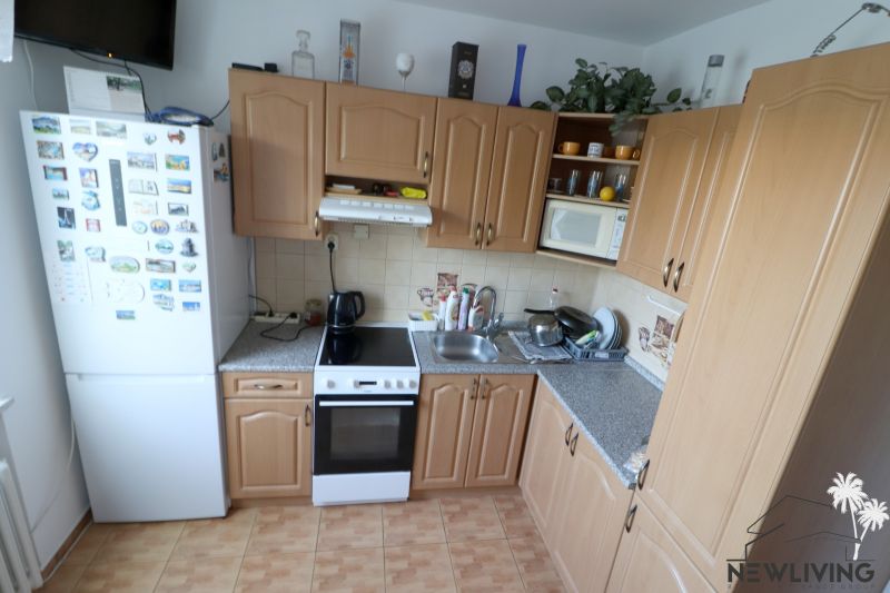 A kitchen in a 2-room apartment with wooden cabinets and tiles above the countertop.