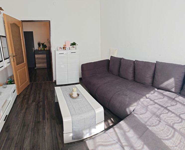 Living room with a dark wood-patterned floor and a purple sofa in a three-room apartment.