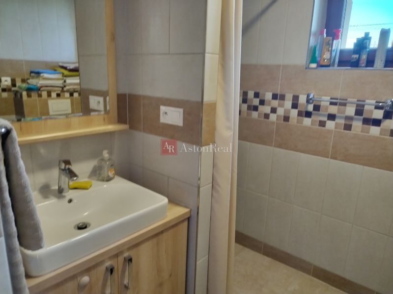 Bathroom with a sink, a cabinet with a wooden decor, and a shower in a family house.