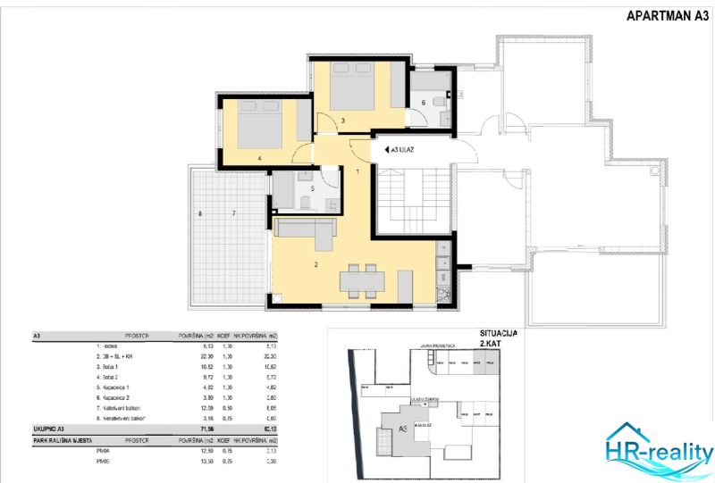 Floor plan of holiday apartment A3 with a spacious balcony and two bedrooms.