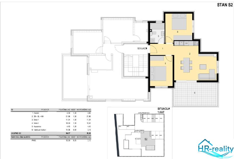 Floor plan of a holiday apartment with two bedrooms, a living room, and a spacious balcony.