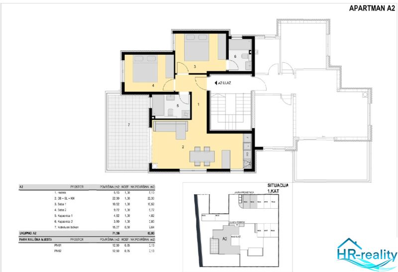 Floor plan of a holiday apartment with two bedrooms, a kitchen, and a balcony with a view.