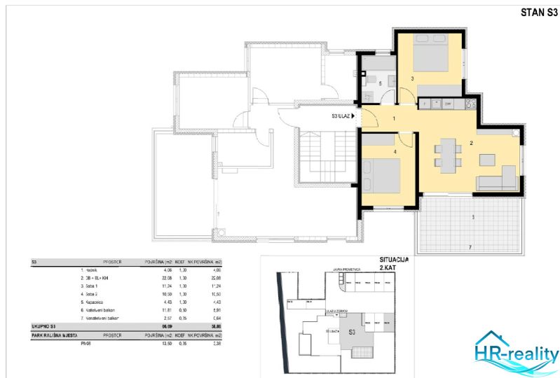The floor plan of the recreational apartment includes a living room, two bedrooms, a bathroom, and a balcony.