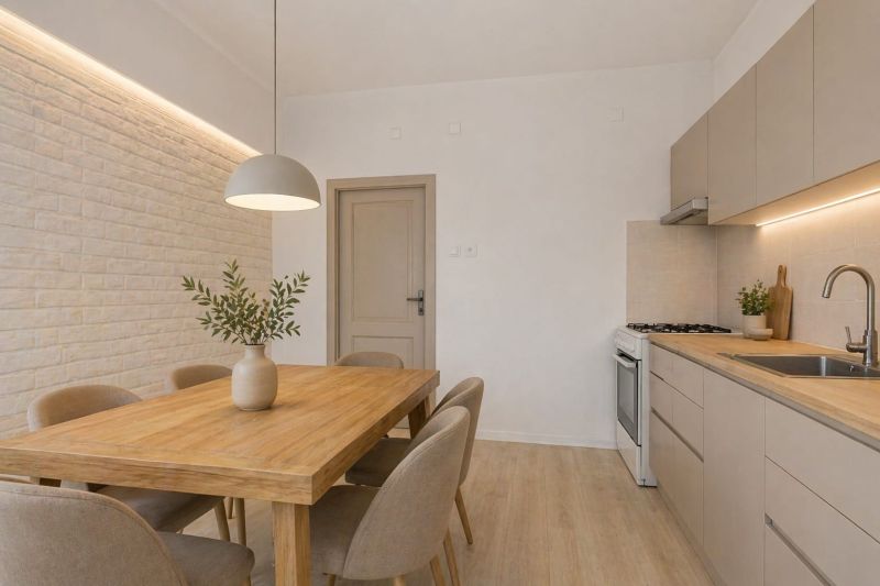 A kitchen in a 3-room apartment with a wooden table and a floor with a wooden decor.