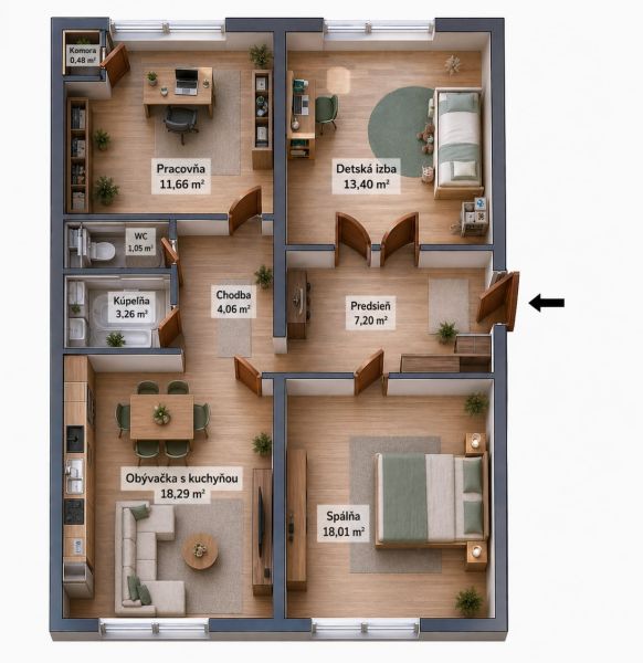 Floor plan of a 3-room apartment with wood-patterned flooring, including a living room with a kitchen.