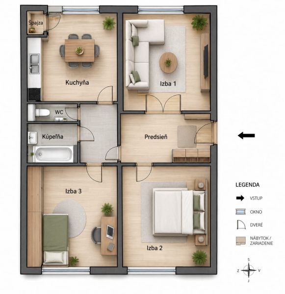 Floor plan of a 3-room apartment with a kitchen, hallway, and bathroom. Floor with wooden decor.