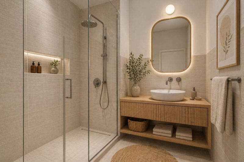 A stylish bathroom in a 3-room apartment with wooden furniture and a shower.