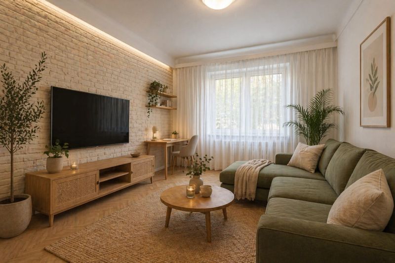 Living room of a 3-room apartment with a wooden decor floor, green sofa, and brick wall.