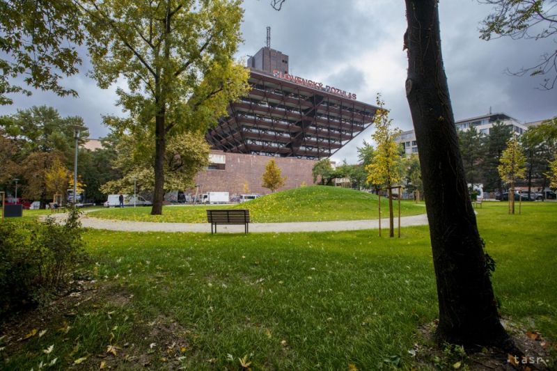 The building of Slovak Radio on Tabakova Street in Bratislava, surrounded by greenery.