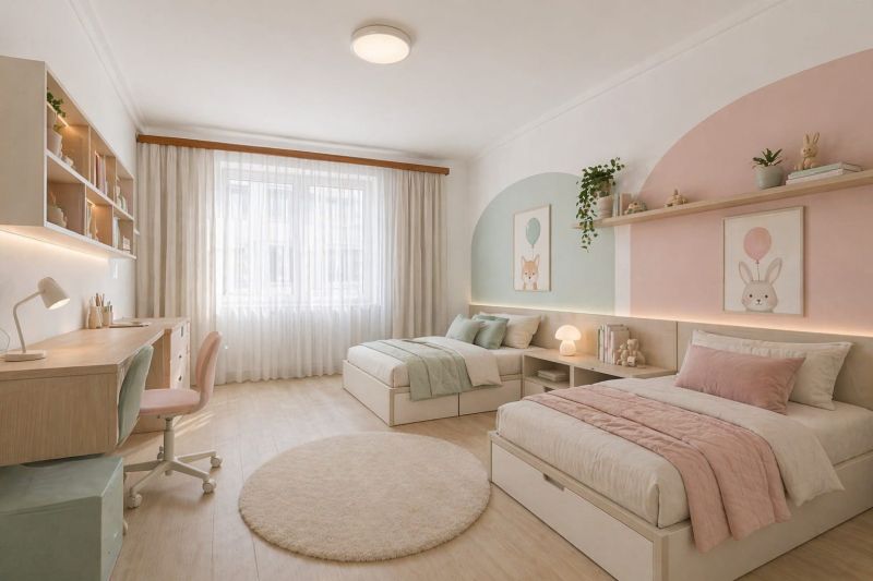 Children's room in a three-room apartment with a wooden decor floor and a soft color palette.