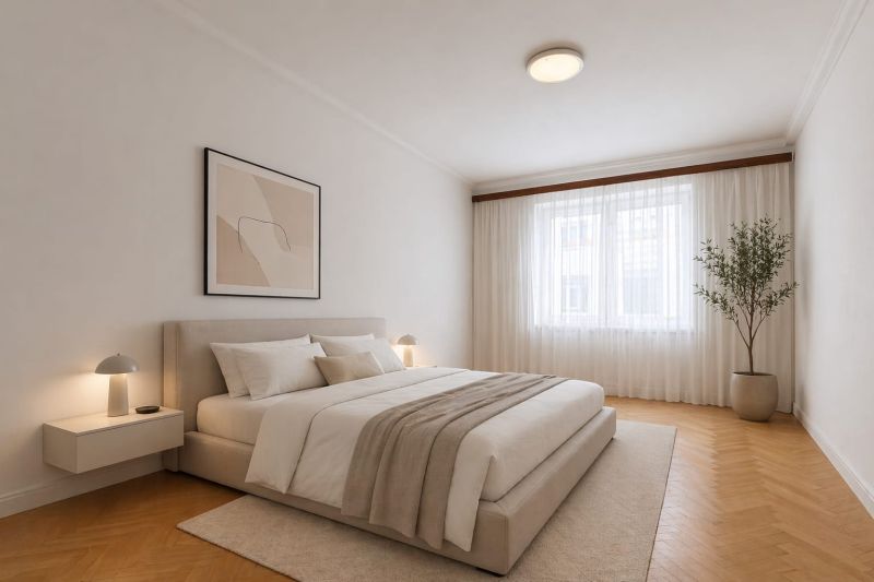 Bright bedroom with a bed, window, carpet, and wood-decorated flooring in a 3-room apartment.