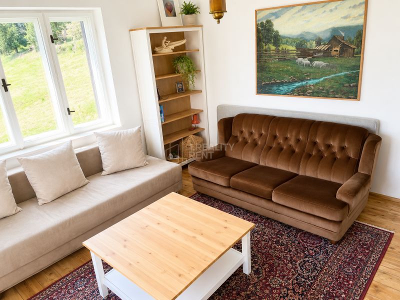 Living room in a family house with sofas, a table, and a painting on a floor with a wooden decor.