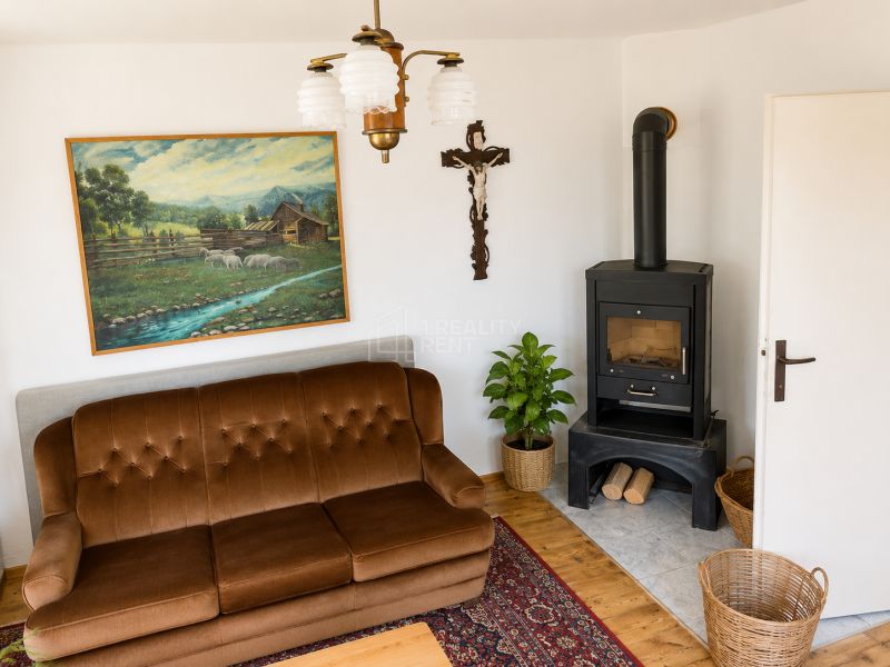 Living room in a family house with a brown couch, a tile stove, and a landscape painting.