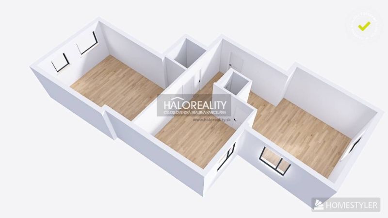 Floor plan of a 3-room apartment with wood-patterned flooring and modern furniture.