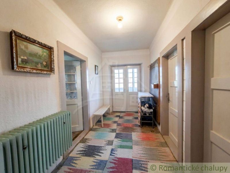 A hallway in a family house with a colorful carpet, a radiator, and a painting on the wall.