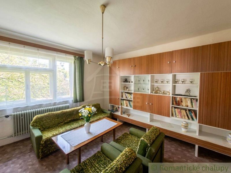 Living room in a family house with a green sofa and a bookshelf.
