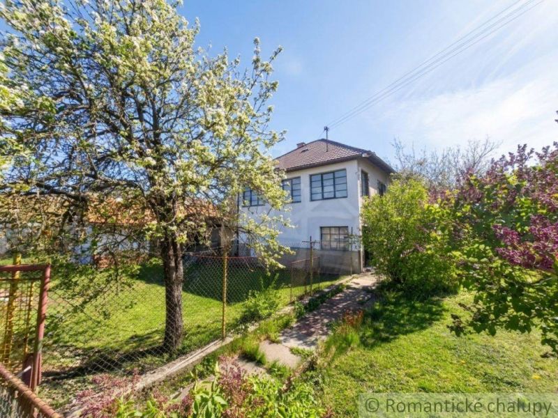 A blooming tree by a family house in Kriváň with a landscaped garden and a fence.