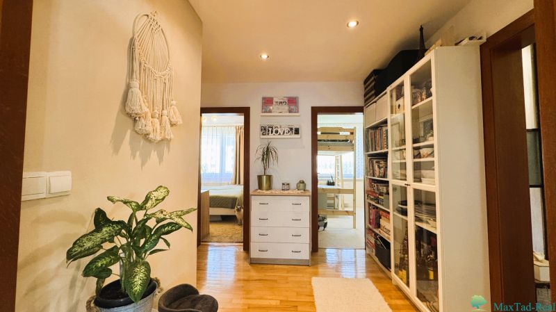 Interior of a 3-room apartment with wooden decor flooring, shelves, and a houseplant.