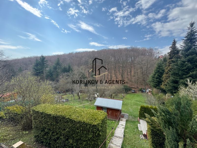 A cottage in Svinica surrounded by nature with a view of the forest and blue sky.