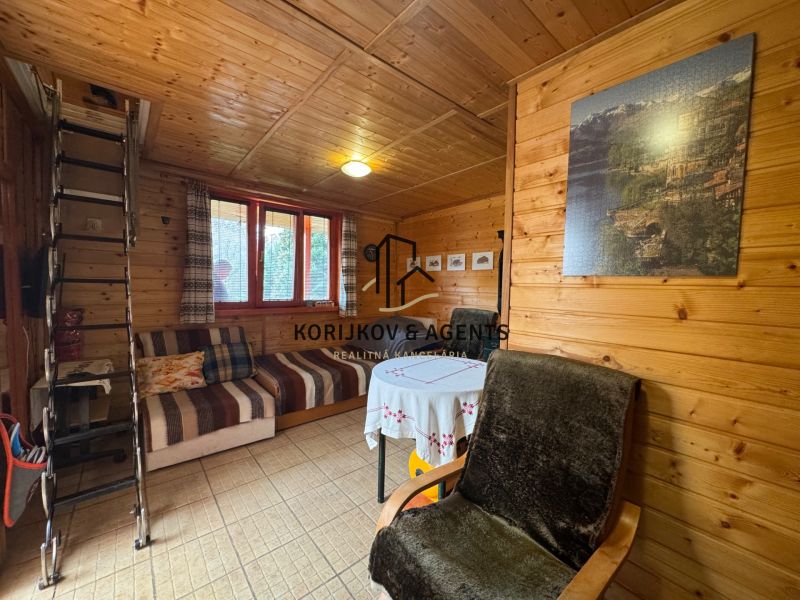 The interior of the cottage features wooden paneling, a sofa bed, and a ladder to the upper floor.