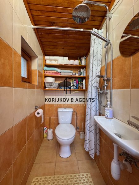 A bathroom in a cabin with a wooden ceiling, a shower, a toilet, and a shelf with towels.