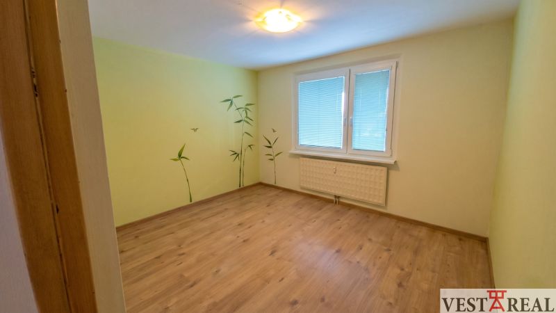 A room in a 3-room apartment with a wooden decor floor and wall stickers of plants.