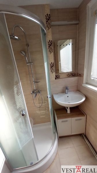 Bathroom with a shower and a sink in a 3-room apartment.