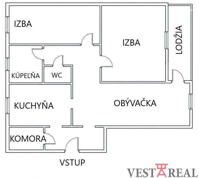 Floor plan of a 3-room apartment with a bedroom, kitchen, bathroom, loggia, and living room.