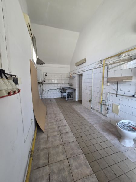 A white room in a gastro area with light tiles and sanitary equipment.