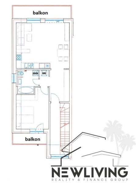 Floor plan of a 2-room apartment with two balconies and functionally arranged spaces.