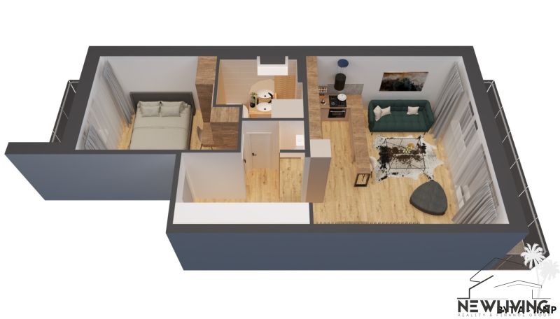 Visualization of a 2-room apartment with wooden floor decor and comfortable seating.