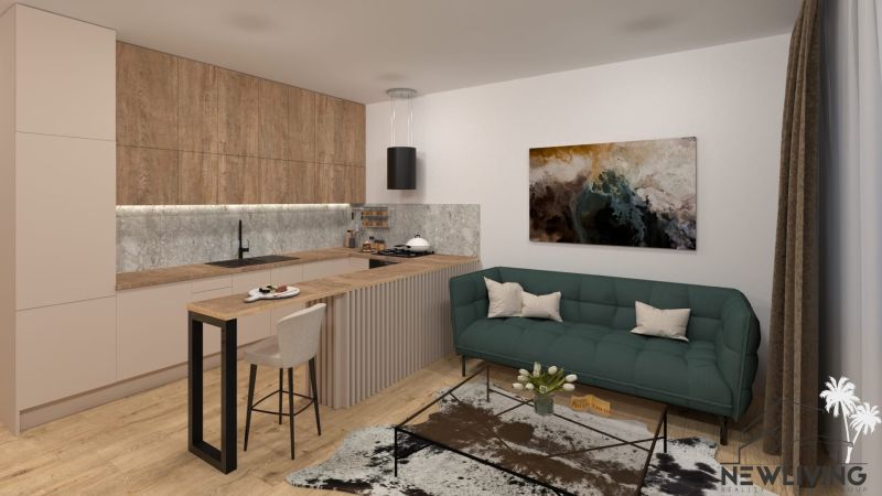 Living room in a two-room apartment with a kitchenette and a wooden decor floor.