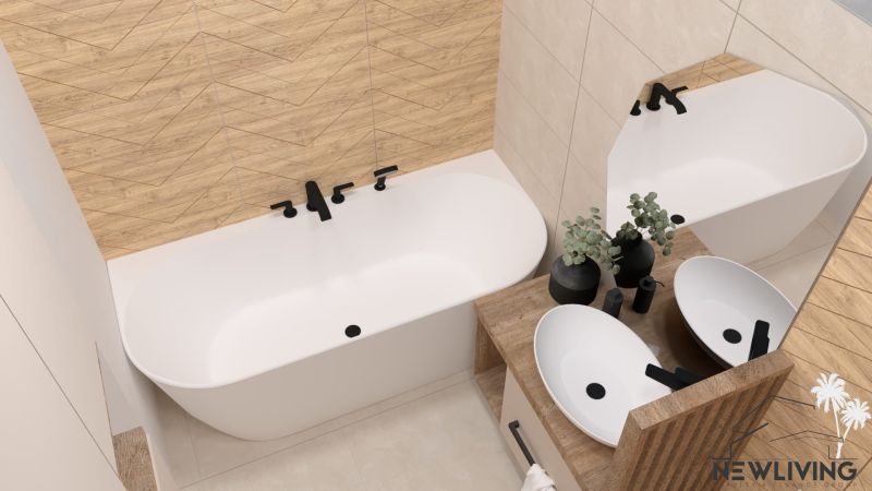 A bathroom with a bathtub, two sinks, and a wooden decor floor in a 2-room apartment.