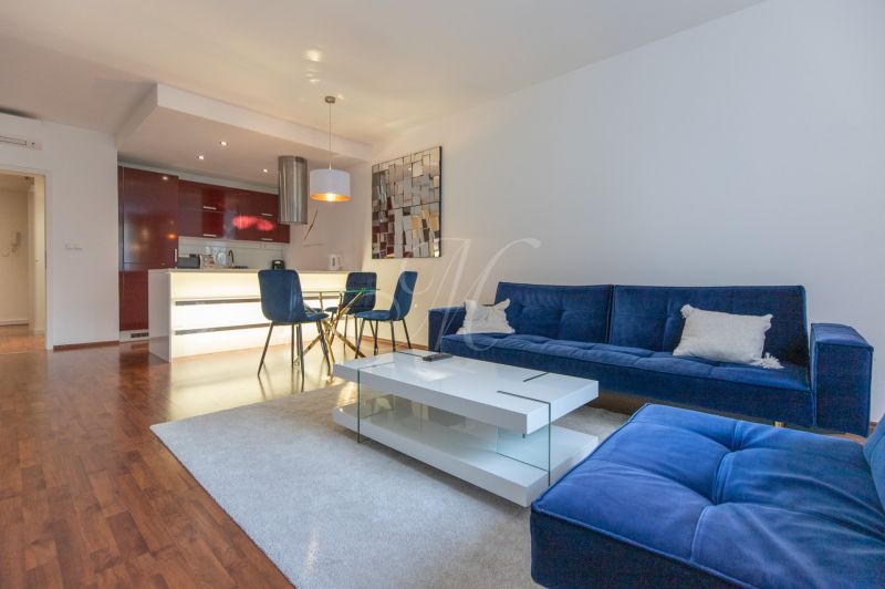 Living room in a two-room apartment with a blue sofa and a kitchenette.