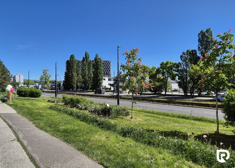 The footage shows urban greenery and roads at Račianska 99 in Bratislava - Nové Mesto.