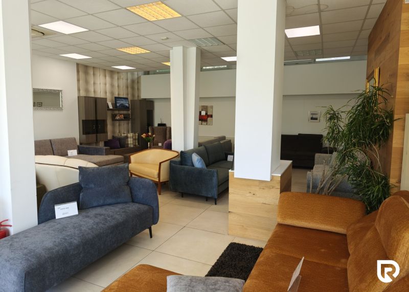Commercial spaces with sofas in various colors and arrangements, surrounded by houseplants.