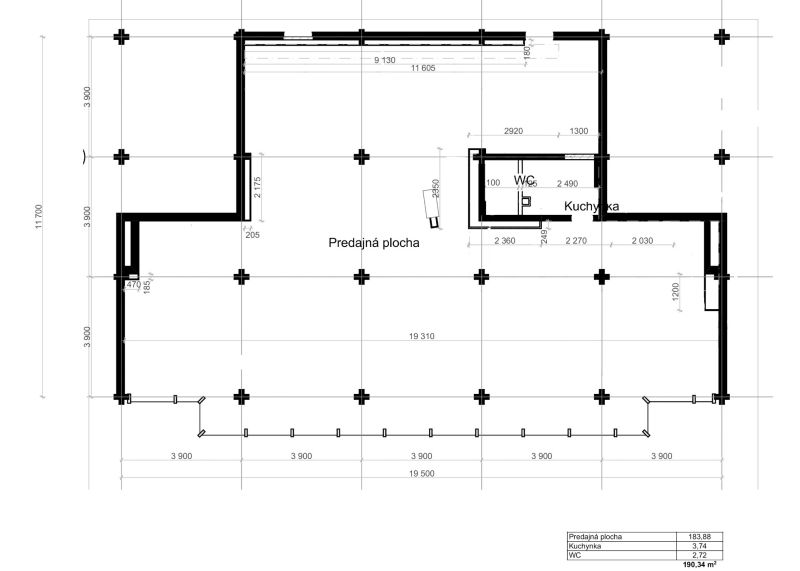 Floor plan of commercial premises with a kitchenette and WC at Račianska 99 in Bratislava - Nové Mesto.