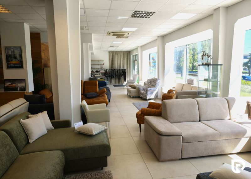 Comfortable sofas and armchairs in commercial spaces with large windows and fabric samples.