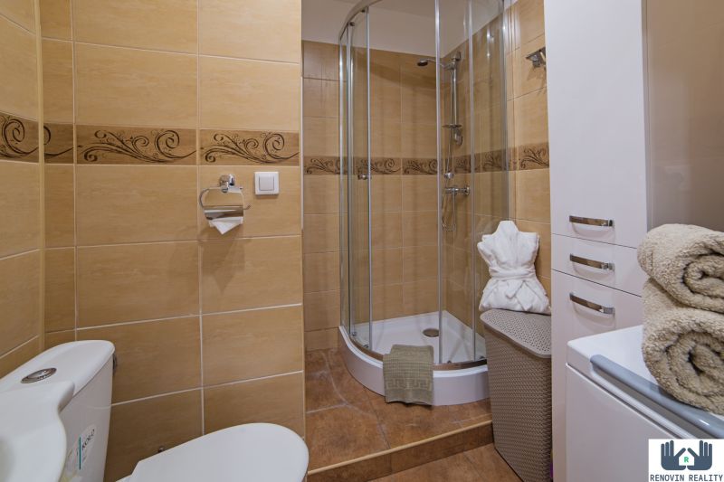 Bathroom in a studio apartment with a massage shower, decorative tiles, and storage space.