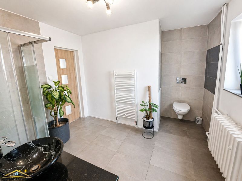 A bathroom in a family house with a bowl sink and a glass shower enclosure.