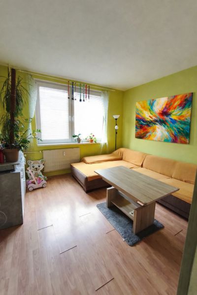 Living room with a sofa, colorful painting, and wooden decor flooring in a 2-room apartment.