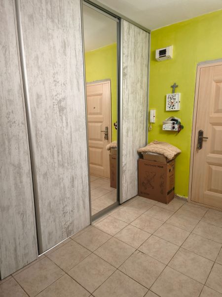 A hallway with a mirrored wardrobe and tiles in a 2-room apartment.