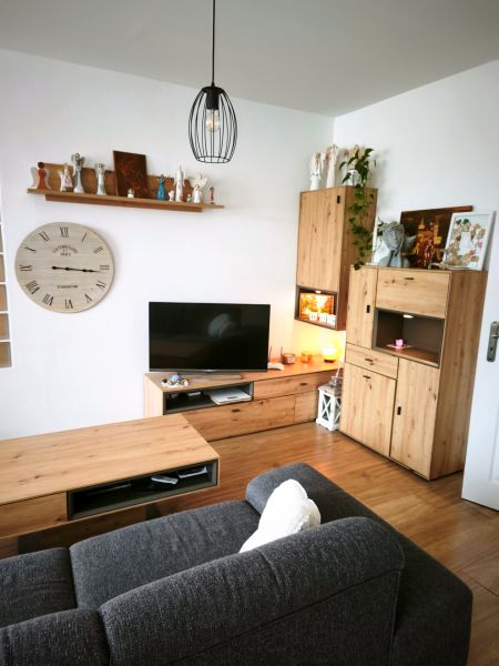 Living room in a 4-room apartment with a sofa, decorations, and a floor with a wooden design.