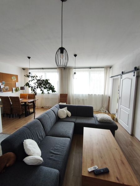 Living room in a 4-room apartment with a wooden decor floor and a comfortable sofa.