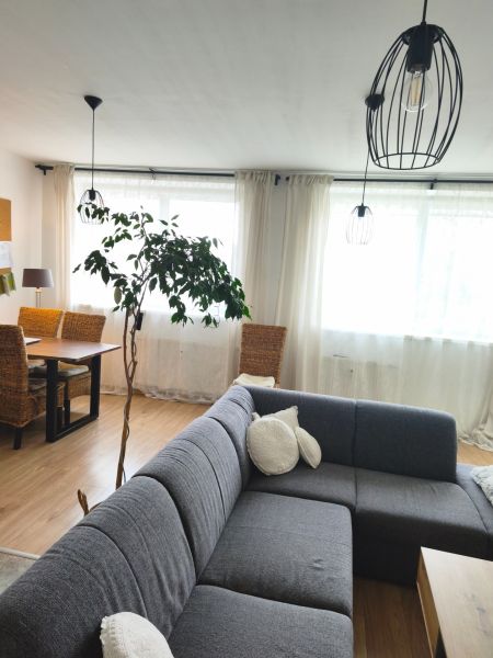 Living room in a 4-room apartment with a wooden decor floor and a spacious sofa.