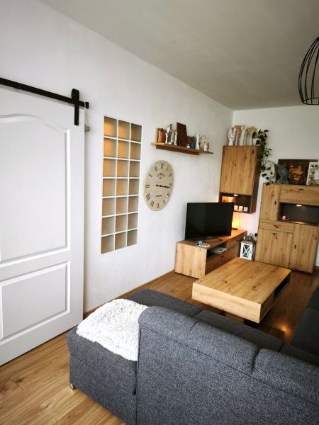 Living room in a 4-room apartment with a wooden decor floor and a sofa.