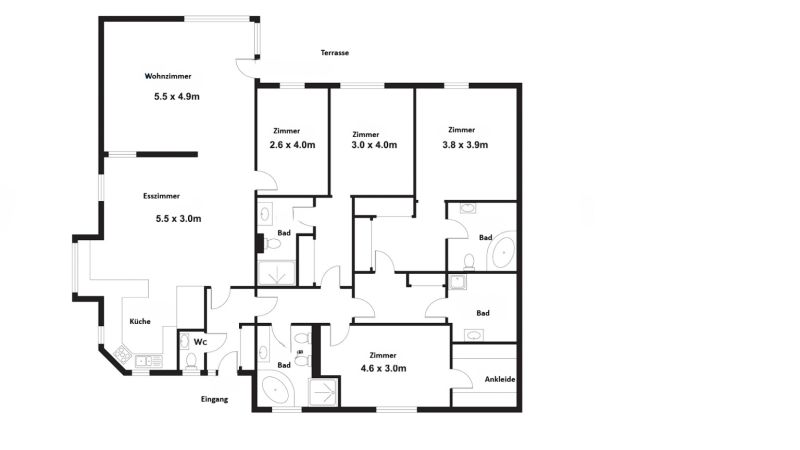 The floor plan of the family house includes a living and dining room with a kitchen.