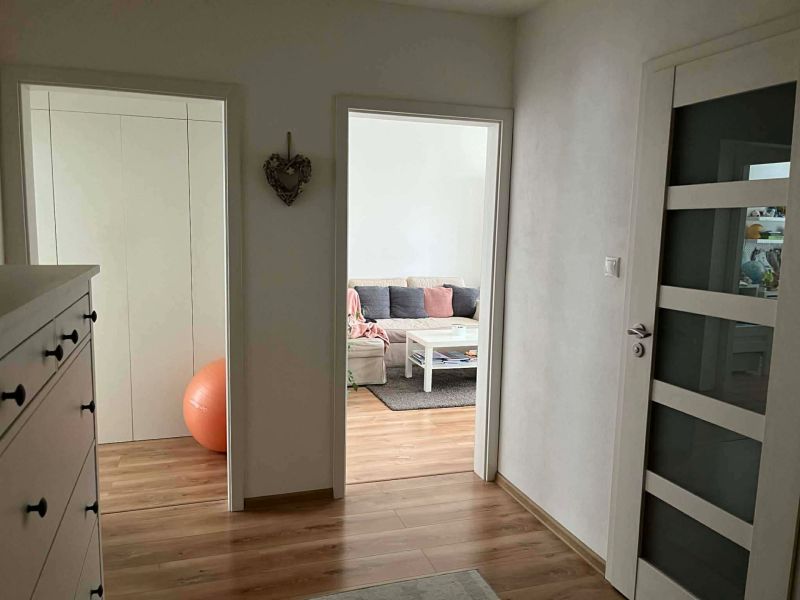 A hallway in a 3-room apartment with a wooden decor floor and a cozy interior.